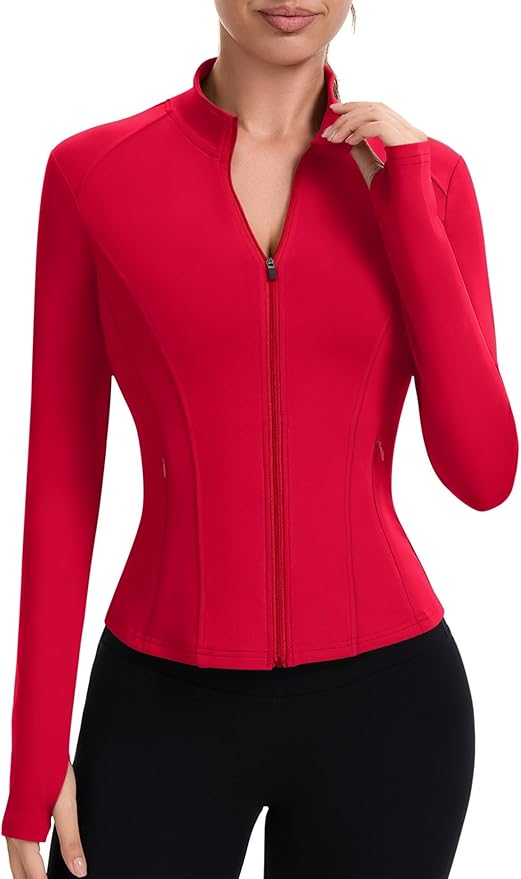ZHENWEI Workout Jackets for Women Full Zip Up Cropped Athletic Long Sleeve Lightweight Slim Fit Running Tops with Pockets