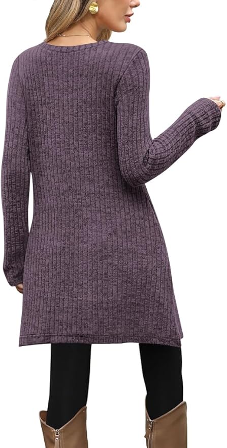 Poetsky Women Long Sleeve Tunic Tops to Wear with Leggings Side Buttons Long Shirts Rib Sweater Dress with Pockets S-3XL