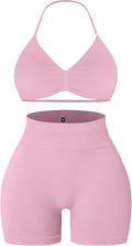 Comper 2 Piece Workout Sets for Women Halter Strappy Sports Bra with Seamless Ribbed Gym Yoga shorts Outfits