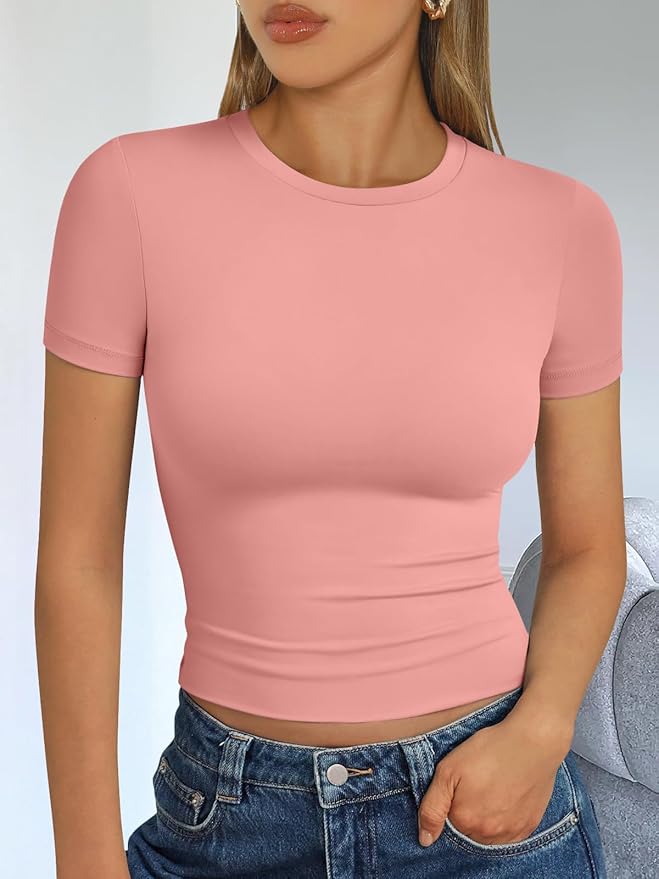 Trendy Queen Womens Short Sleeve T Shirts - Buttery Soft Summer Crop Tops Slim Fit Y2k Basic Tees for Workout