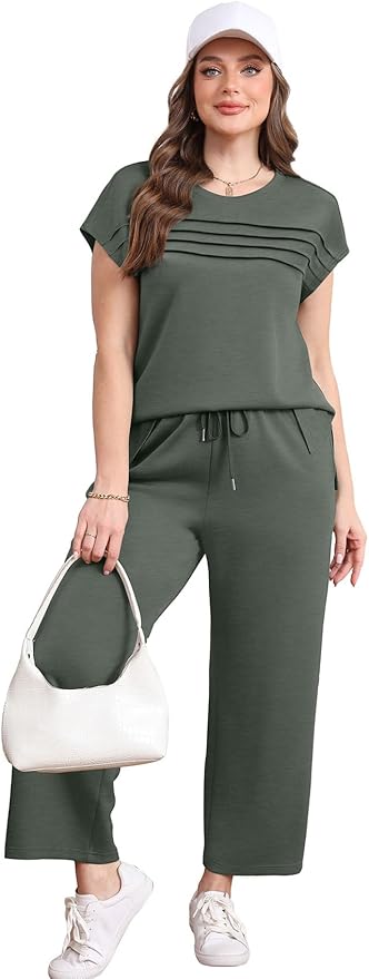 WIHOLL Two Piece Sets for Women Summer Spring Travel Vacation Outfits Cap Sleeve Lounge Matching Sets Wide Leg Pants S-3XL