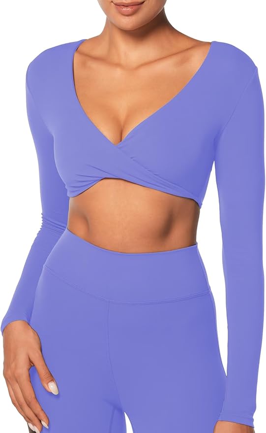 Sunzel Long Sleeve Workout Tops for Women Buttery Soft Deep V Twist Cropped Tops with Compression for Yoga Pilates Gym Outfit