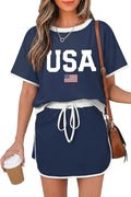 Opemiby Womens 2 Piece Skort Set 2026 Color Block Short Sleeve Top Drawstring Skort Matching Sets Casual Lounge Summer Outfit