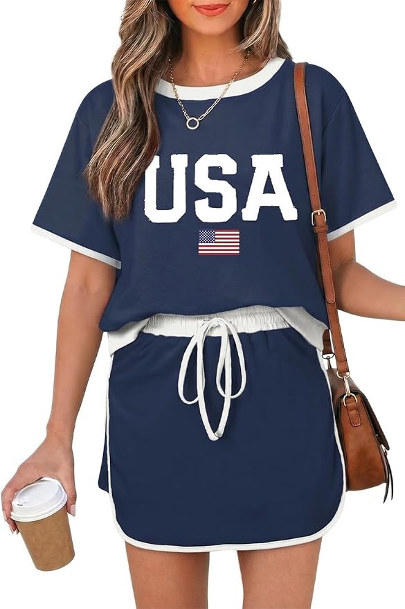 Opemiby Womens 2 Piece Skort Set 2026 Color Block Short Sleeve Top Drawstring Skort Matching Sets Casual Lounge Summer Outfit