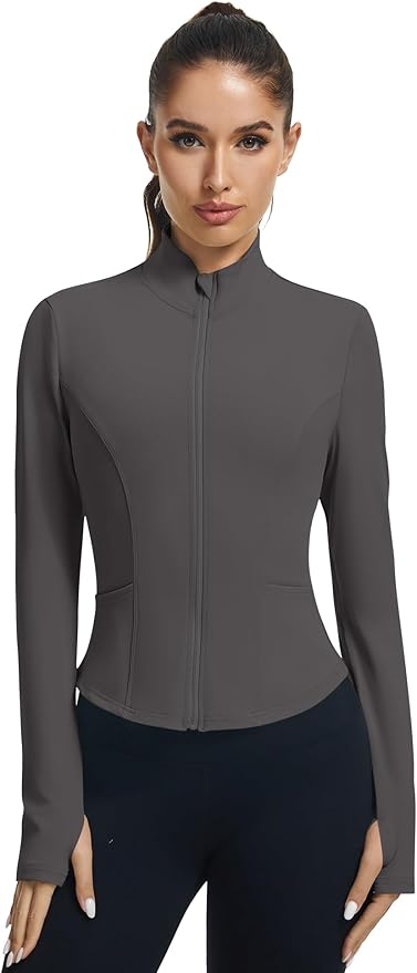 LOMON Women's Athletic Jackets Cropped Long Sleeve Workout Tops Yoga Zip Up Jackets Gym Tops Golf Shirts