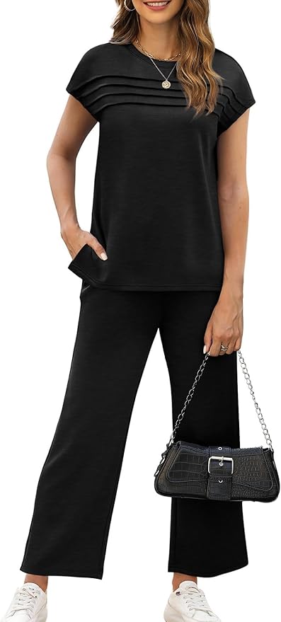 WIHOLL Two Piece Sets for Women Summer Spring Travel Vacation Outfits Cap Sleeve Lounge Matching Sets Wide Leg Pants S-3XL