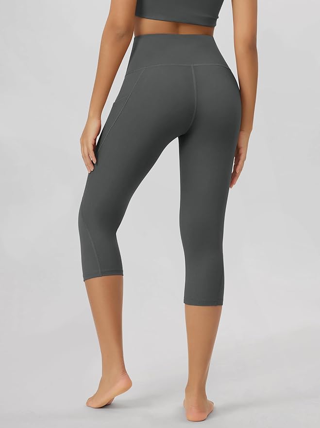 ODODOS Women's High Waisted Yoga Capris with Pockets, Tummy Control Non See Through Workout Athletic Running Capri Leggings