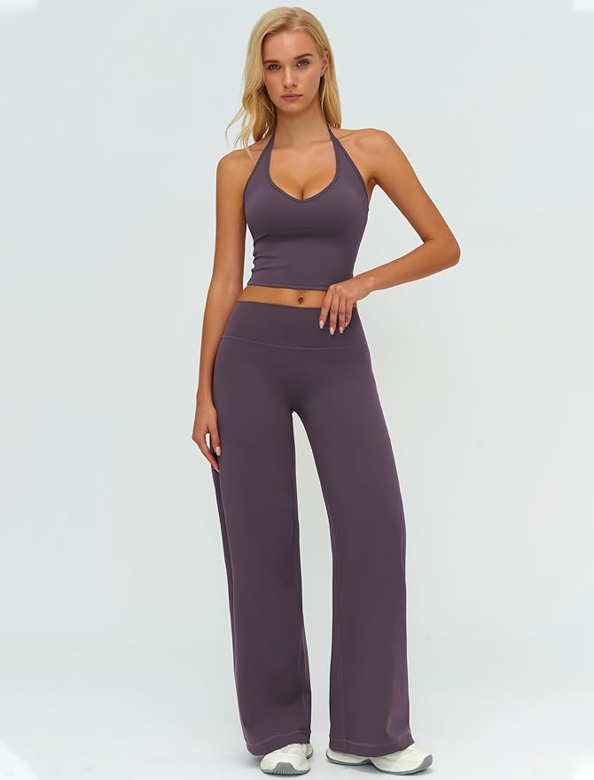 QBGJTD Womens Workout Sets Two Piece Spaghetti Straps Crop Top Matching Straight Leg Pants Gym Work Pilates Outfits