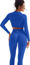 SUUKSESS Women 2 Piece Workout Sets Hidden Scrunch Hip Lifting Seamless Leggings Long Sleeve Yoga Crop Tops
