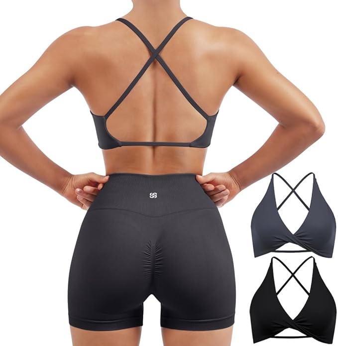 SUUKSESS Women 2 Piece Open Back Strappy Sports Bra Pack Twist V Neck Workout Crops