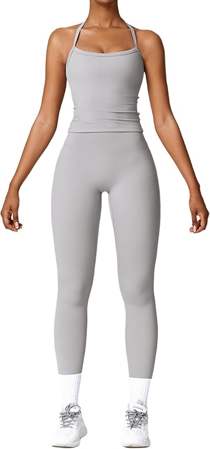 QBGJTD Womens Workout Sets Two Piece Cross Back Tank Top Matching High Waist Leggings Sets Gym Outfits Work Out Clothes