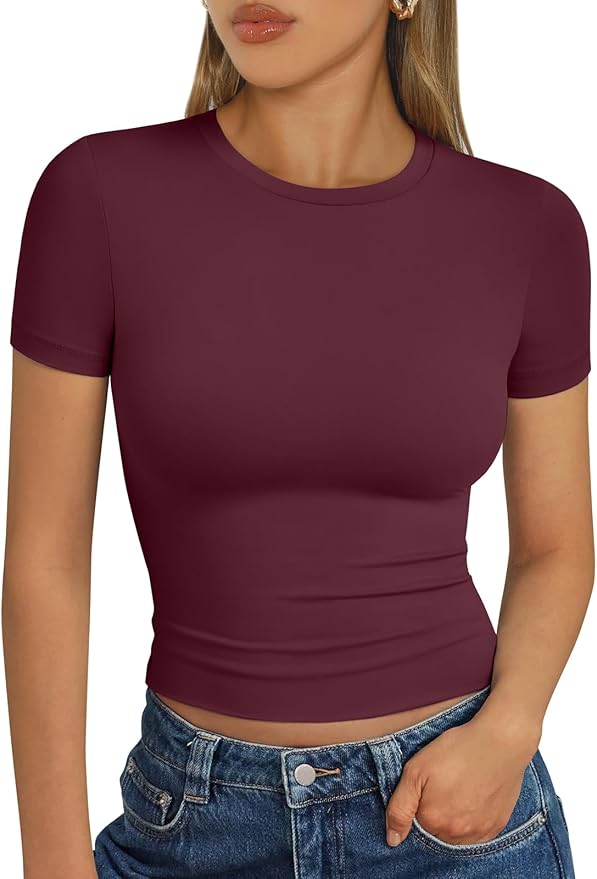 Trendy Queen Womens Short Sleeve T Shirts - Buttery Soft Summer Crop Tops Slim Fit Y2k Basic Tees for Workout