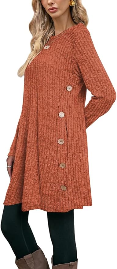 Poetsky Women Long Sleeve Tunic Tops to Wear with Leggings Side Buttons Long Shirts Rib Sweater Dress with Pockets S-3XL