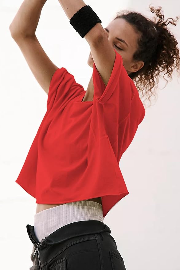 Women's Oversize Workout Crop Tops Casual Short Sleeve Drop Shoulder Boxy T-Shirts Roll Hem Basic Loose Yoga Running Tees