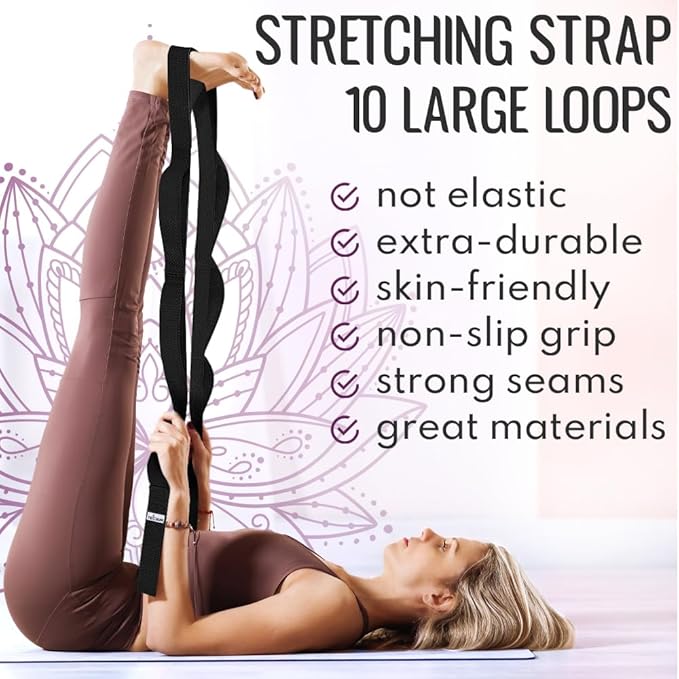 TECEUM Stretching Strap for Yoga & Physical Therapy – 10 Loops – Non-elastic Leg Stretch Straps for Stretching, Exercising, Pilates, Post-injury Rehabilitation for All Levels – Men & Women