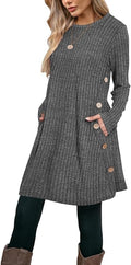 Poetsky Women Long Sleeve Tunic Tops to Wear with Leggings Side Buttons Long Shirts Rib Sweater Dress with Pockets S-3XL