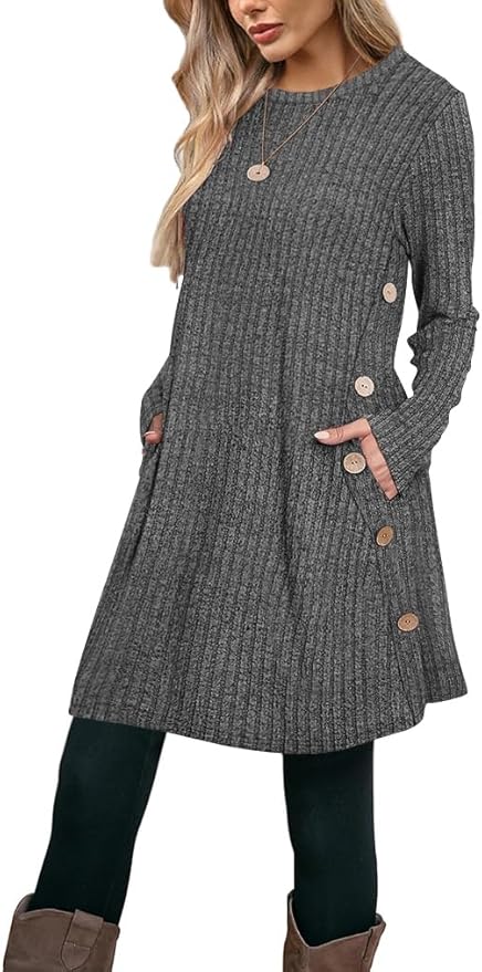 Poetsky Women Long Sleeve Tunic Tops to Wear with Leggings Side Buttons Long Shirts Rib Sweater Dress with Pockets S-3XL