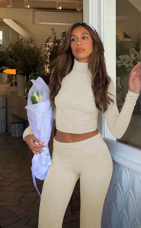 ZFLM Casual Workout Two Piece Outfits Long Sleeve High Waist Fold-Over Flared Leggings Pants Tracksuit Sets Streetwear