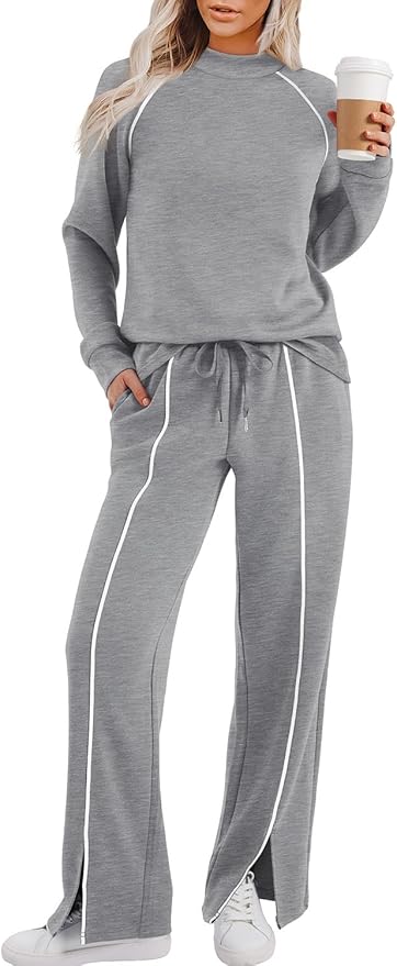 WIHOLL Lounge Sets for Women 2 Piece Fall Outfits 2025 Wide Leg Pant Matching Sets Womens Clothing