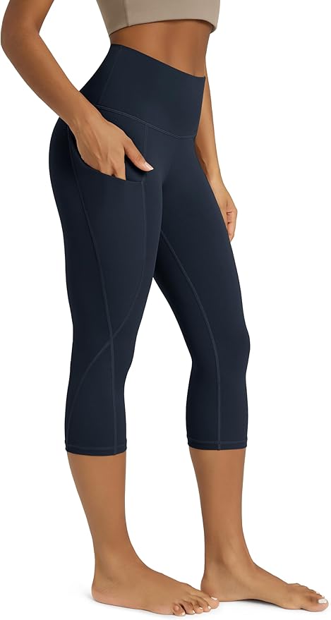 ODODOS Women's High Waisted Yoga Capris with Pockets, Tummy Control Non See Through Workout Athletic Running Capri Leggings