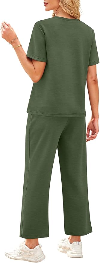 WIHOLL 2 Piece Sets for Women Casual Summer Travel Vacation Outfits Short Sleeve Wide Leg Crop Pants Lounge Sets
