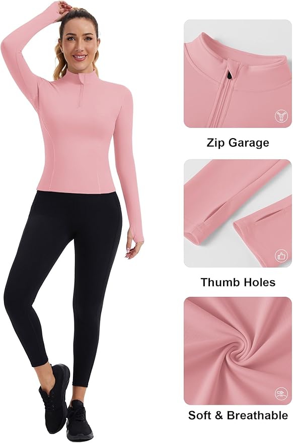 ZHENWEI Womens Workout Tops Long Sleeve Quarter Zip Pullover Quick Dry Golf Shirt Athletic Slim Fit Crop Yoga Gym Tops