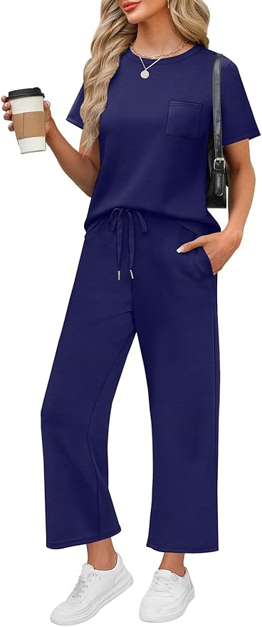 WIHOLL 2 Piece Sets for Women Casual Summer Travel Vacation Outfits Short Sleeve Wide Leg Crop Pants Lounge Sets