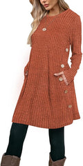 Poetsky Women Long Sleeve Tunic Tops to Wear with Leggings Side Buttons Long Shirts Rib Sweater Dress with Pockets S-3XL