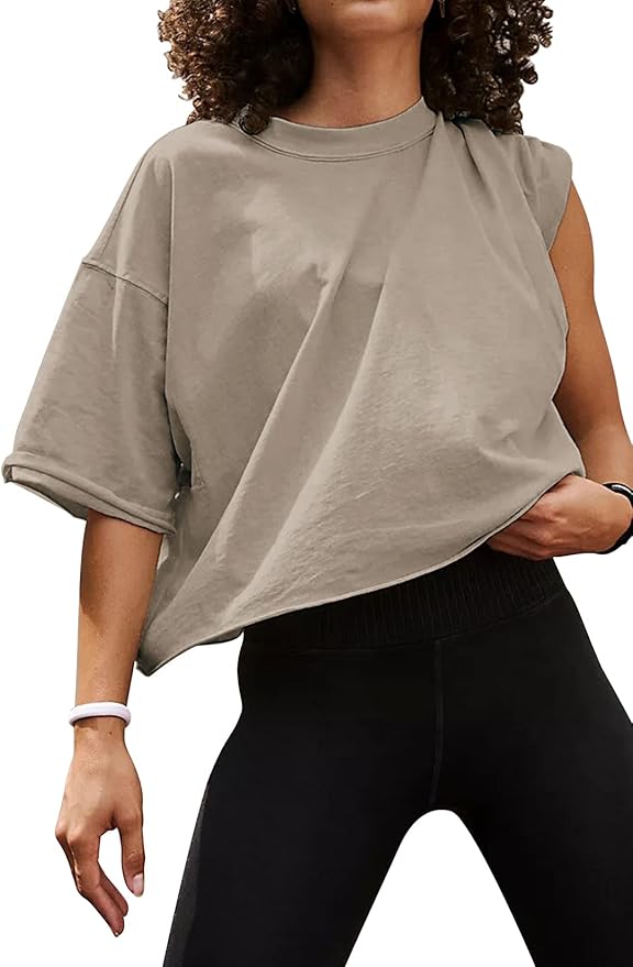 Women's Oversize Workout Crop Tops Casual Short Sleeve Drop Shoulder Boxy T-Shirts Roll Hem Basic Loose Yoga Running Tees