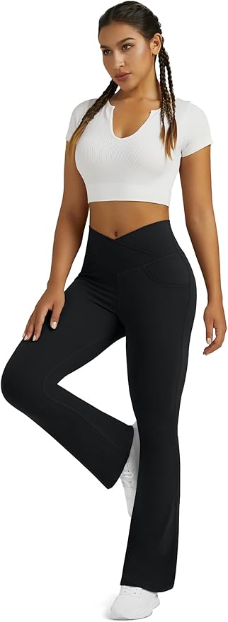 Flare Leggings for Women Yoga Pants with Pockets High Waisted Crossover Flare Leggings Bootcut Casual Yoga Pants