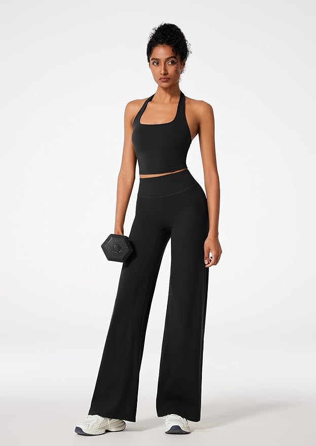 RXRXCOCO Halter Workout Sets for Women 2 Piece Padded Crop Tank Tops Straight Leg Yoga Pants Outfits with Hidden Pocket