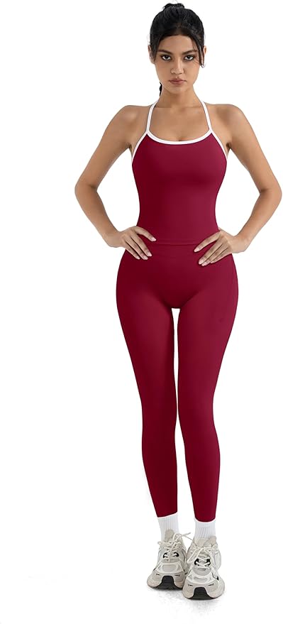 SUUKSESS Women 2 Piece Workout Sets Compression Tummy Control Leggings with Pockets Halter Built in Bra Tank Tops