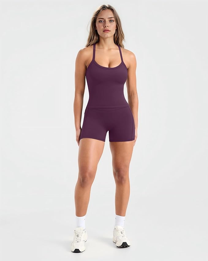 SUUKSESS Women 2 Piece Workout Sets High Waisted Biker Shorts with Pockets Built in bra Racerback Tank Tops