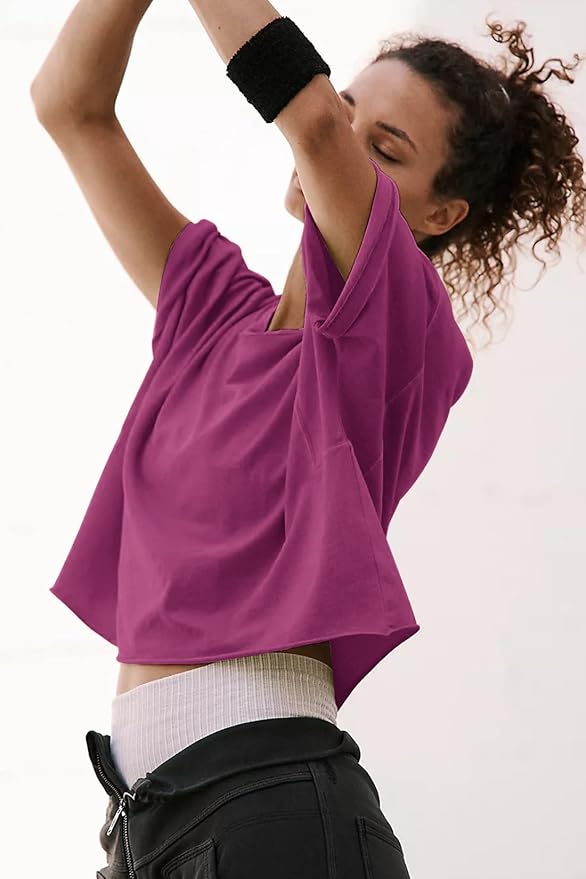 Women's Oversize Workout Crop Tops Casual Short Sleeve Drop Shoulder Boxy T-Shirts Roll Hem Basic Loose Yoga Running Tees