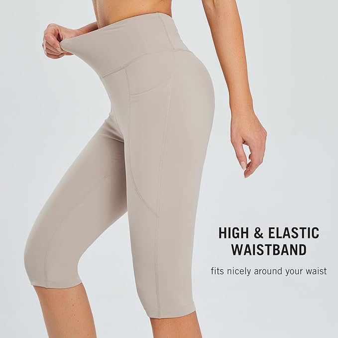 baleaf Women's Capri Leggings with Pockets High Waisted Knee Length Capris Stretch for Casual Yoga Pants Workout Exercise