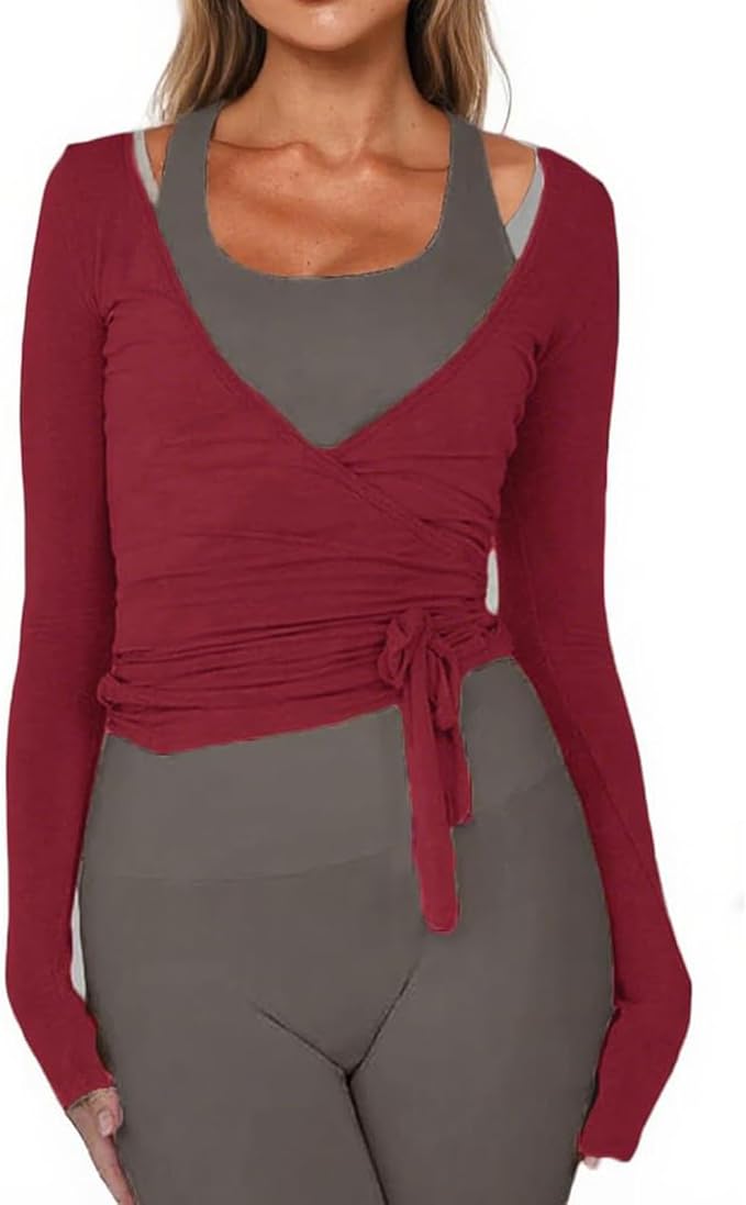 Women Wrap Tie Top Y2k Long SLeeve Ballet Workout Yoga Shirt Coquette Blouses