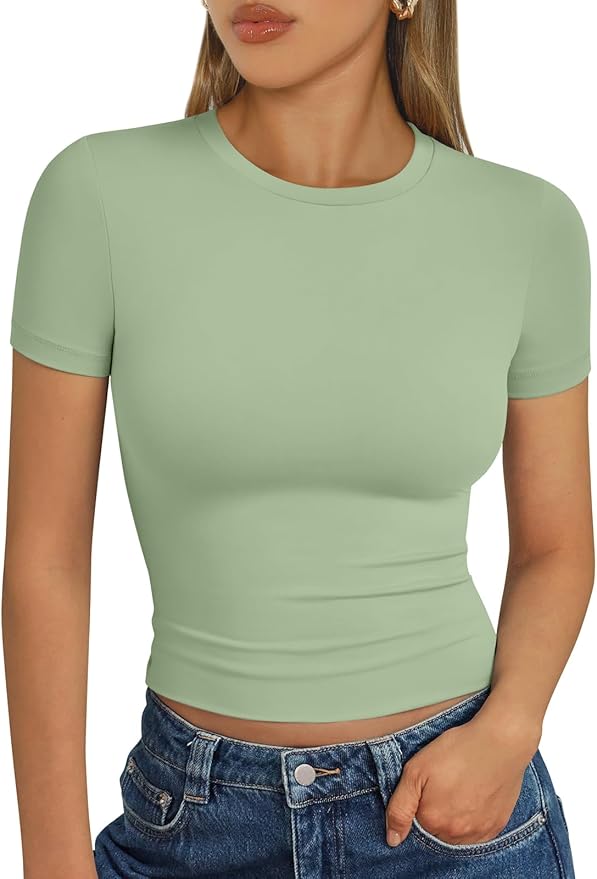 Trendy Queen Womens Short Sleeve T Shirts - Buttery Soft Summer Crop Tops Slim Fit Y2k Basic Tees for Workout