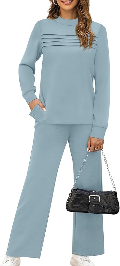 WIHOLL Two Piece Sets for Women Spring Travel Vacation Outfits 2026 Long Sleeve Lounge Sets Side Slit Wide Leg Pants S-3XL