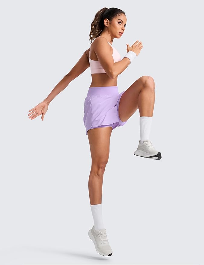 CRZ YOGA 2 in 1 Double Layer Running Shorts for Women 3" - High Waisted for Athletic Tennis Workout with Zip Pockets