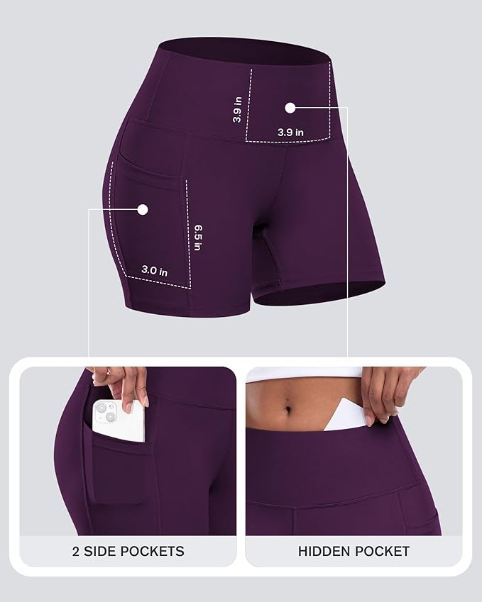 CHRLEISURE Womens Biker Yoga Shorts with Pocket, High Waisted Tummy Control 5 Inch Workout Spandex Athletic Gym Shorts