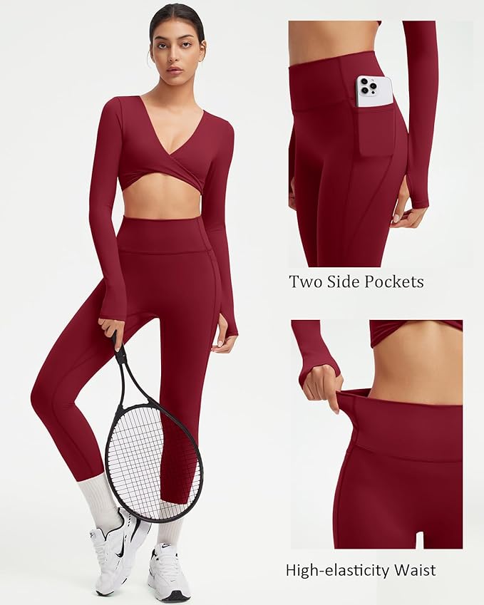 SUUKSESS Women 2 Piece Workout Sets Long Sleeve Twist Deep V Crop Padded Tops Yoga Leggings with Side Pockets