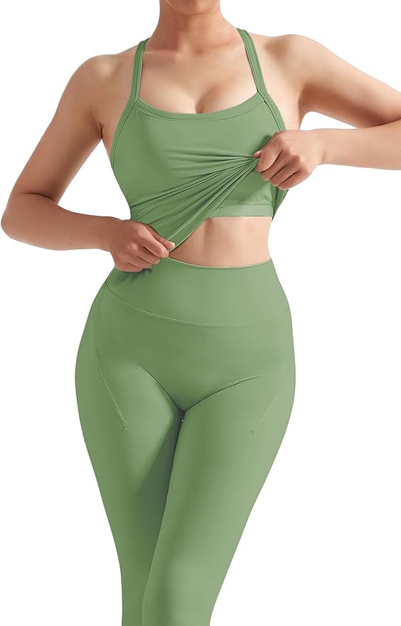 SUUKSESS Women 2 Piece Workout Sets Compression Tummy Control Leggings with Pockets Halter Built in Bra Tank Tops