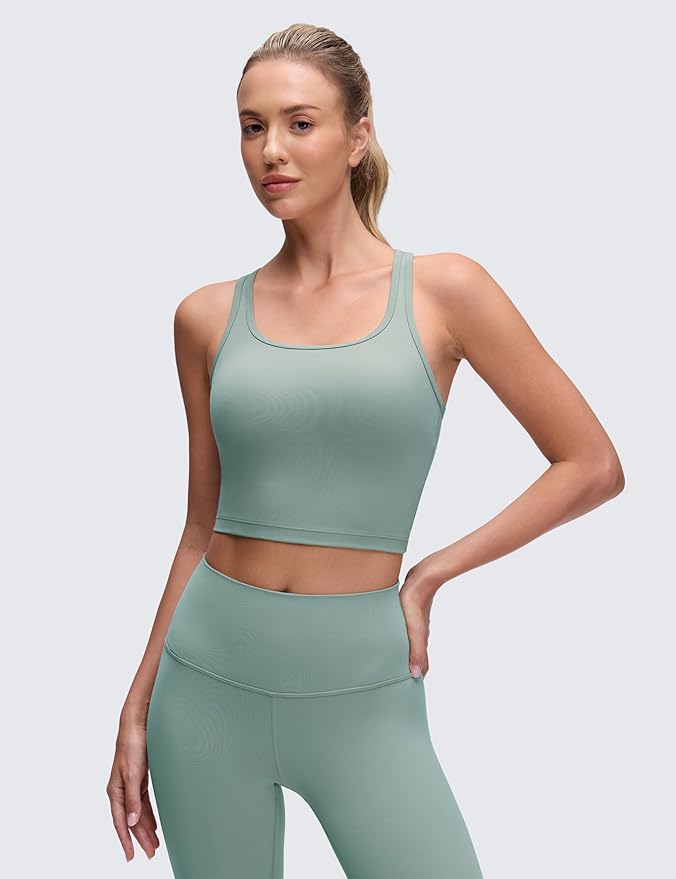 CRZ YOGA Butterluxe Racerback Crop Tank Tops for Women - Padded Y-Back Longline Sports Bras Scoop Neck Workout Yoga
