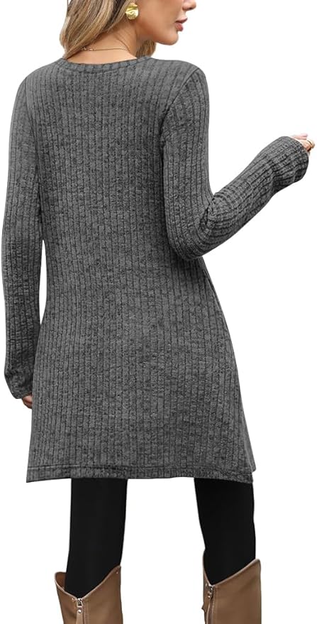 Poetsky Women Long Sleeve Tunic Tops to Wear with Leggings Side Buttons Long Shirts Rib Sweater Dress with Pockets S-3XL
