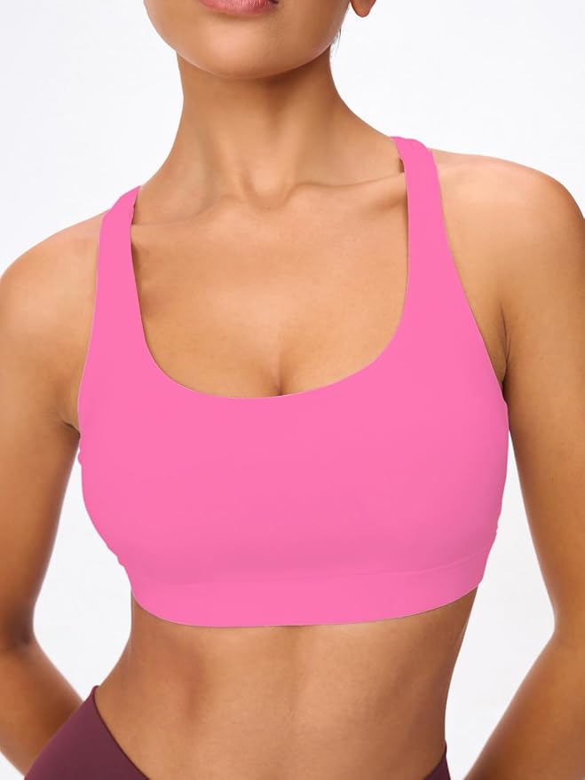 Women's Strappy Sports Bras Light Compression Crop Criss Cross Back Padded Workout Yoga Bra Supportive U Neckline