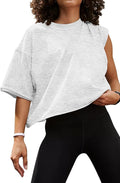Women's Oversize Workout Crop Tops Casual Short Sleeve Drop Shoulder Boxy T-Shirts Roll Hem Basic Loose Yoga Running Tees