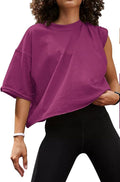 Women's Oversize Workout Crop Tops Casual Short Sleeve Drop Shoulder Boxy T-Shirts Roll Hem Basic Loose Yoga Running Tees