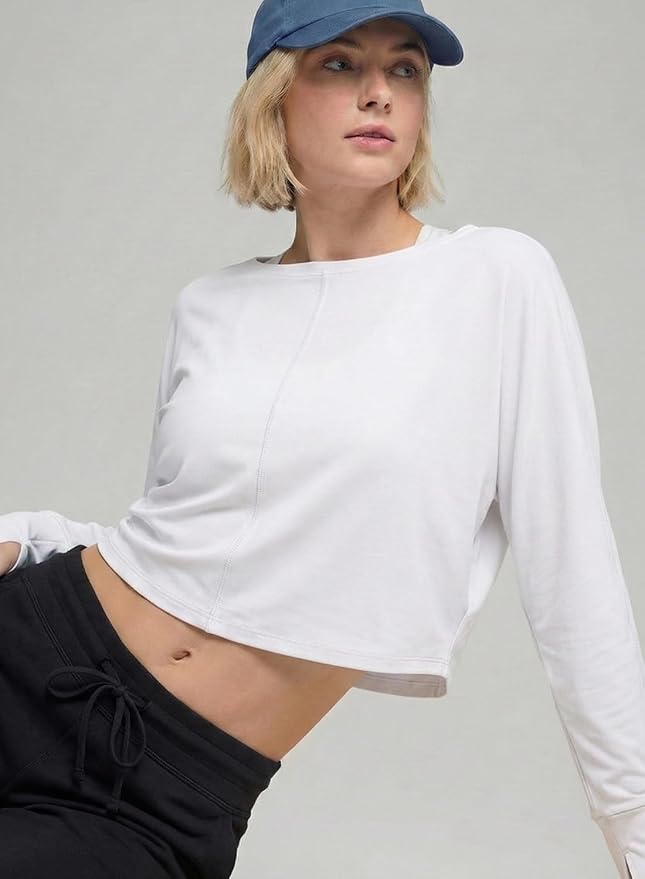 Sanutch Women’s Split Back Long Sleeve Crop Yoga Top – Soft Breathable Boat Neck Athleisure Tee for Everyday Wear