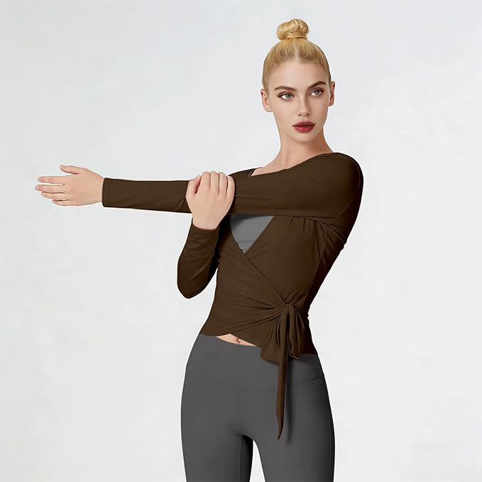 Women Pilates Wrap Top Ballet Tie Workout Shirt Long Sleeve Cross Sexy Deep V Neck Yoga Coquette Blouses Y2k Active Gym