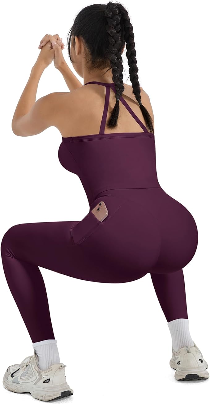 SUUKSESS Women 2 Piece Workout Sets Compression Tummy Control Leggings with Pockets Halter Built in Bra Tank Tops